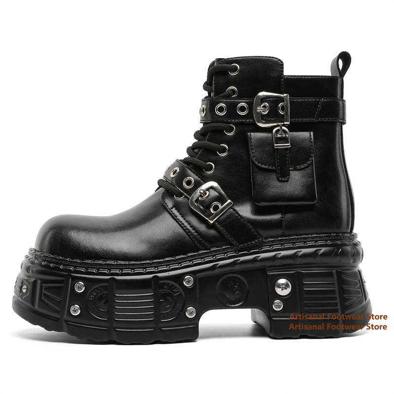 Chelsea Boots Men - Schwarze Stiefeletten mit Taschendekor, Nieten, Schnallenriemen,