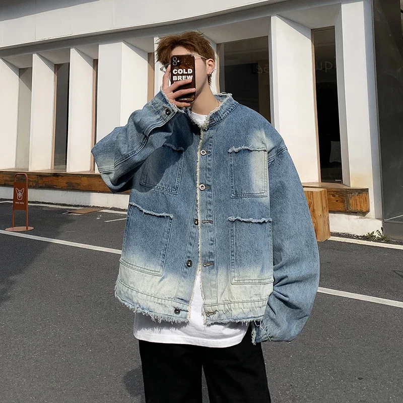 Men'S Fashion Linen Pants - Amerikanische Retro Hip-Hop Raw-Edge Denim-Jacke für