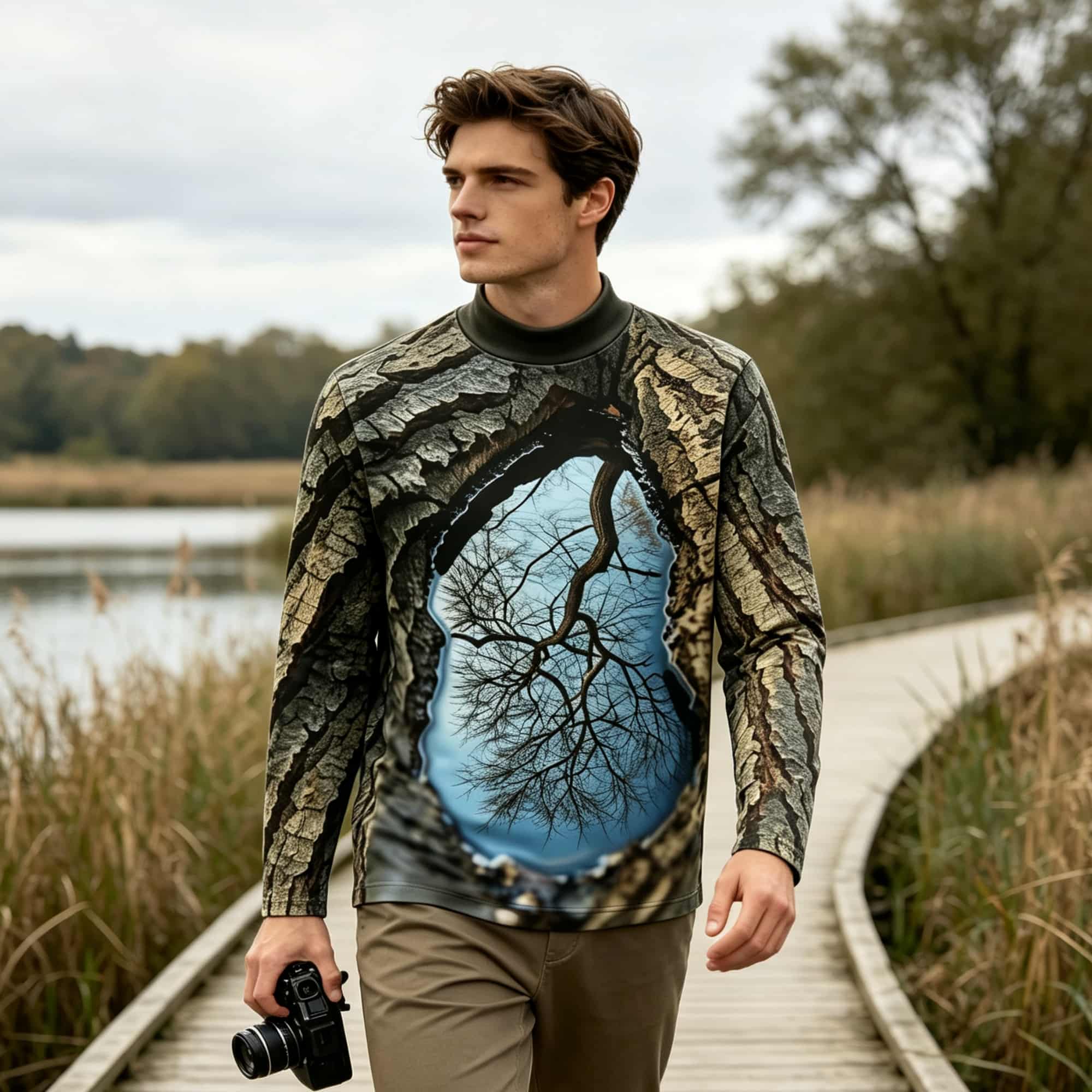 Men'S Fashion Usa - Vom Wald inspiriertes Langarmshirt mit Stehkragen,