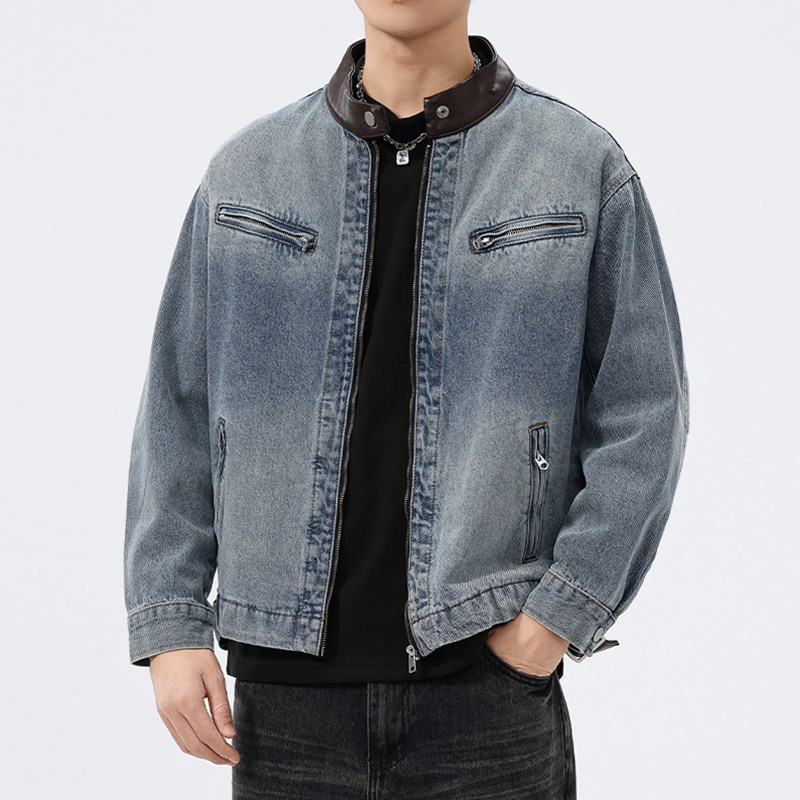 Men'S Fashion Linen Pants - Herren Jeansjacke mit Lederkragen, Vintage-Stil, Lässige