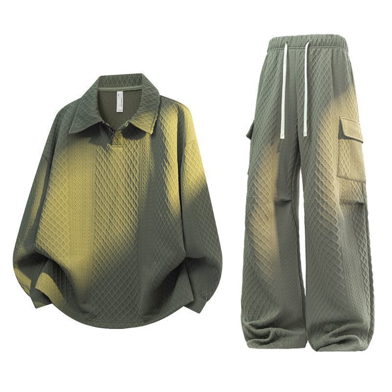 Men'S Fashion Loose Pants - Unisex Jacquard-Karo-Poloshirt-Set mit lockerer Cargo-Weitbein-Hose, 2-teiliges