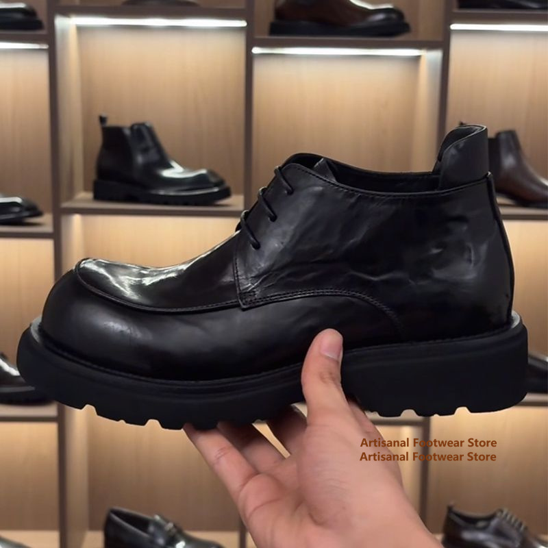Chelsea Boots Men - Schwarze Lederstiefel mit dicker Sohle, runde