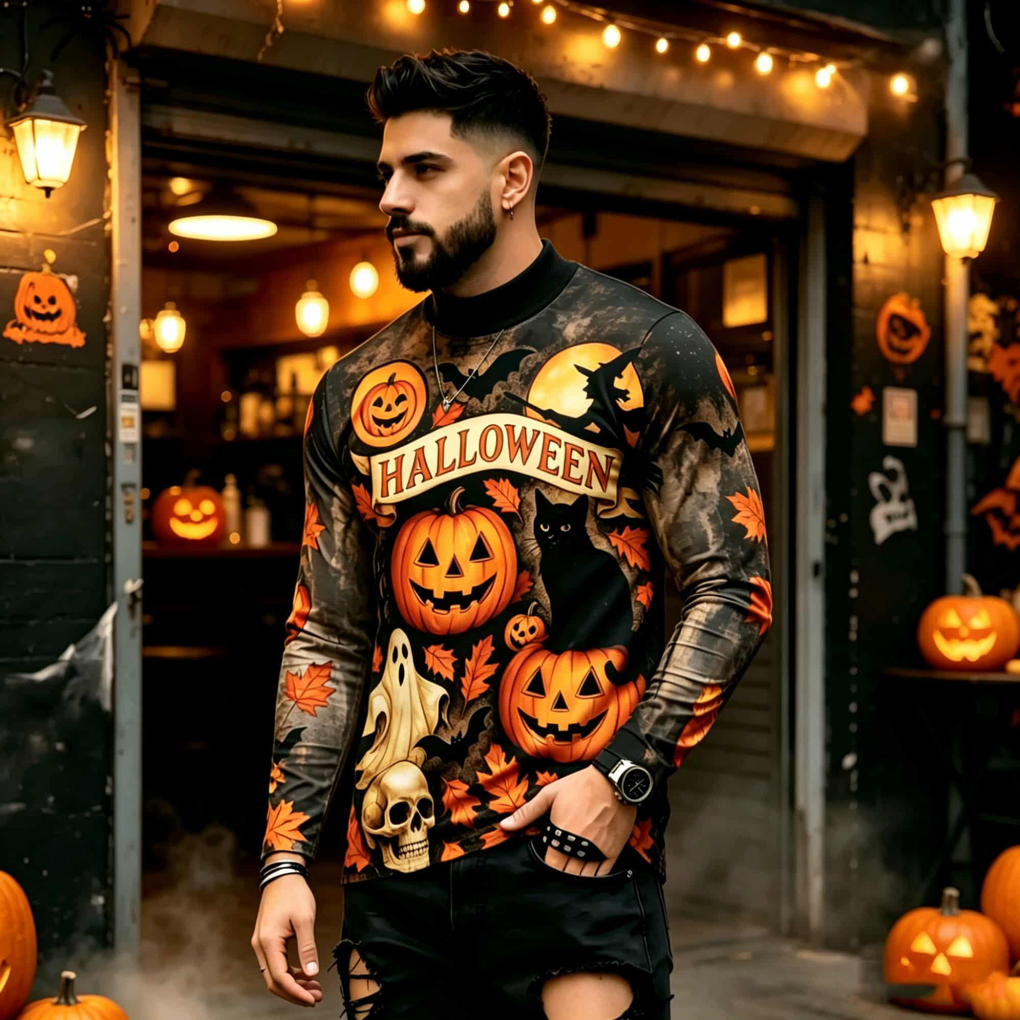 Men'S Fashion Usa - Lässiges Mode-Street-Style Halloween-Print Langarm-T-Shirt mit Kürbis-,