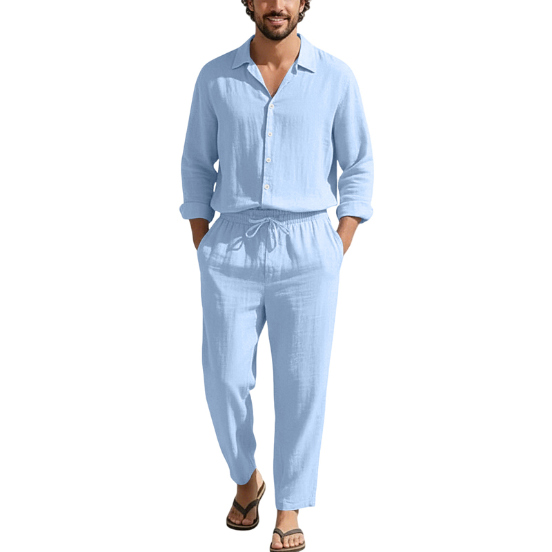 Men'S Fashion Loose Pants - Frühling Sommer Leinen Freizeitsets Lose Strand-Langarmhemden+Lange